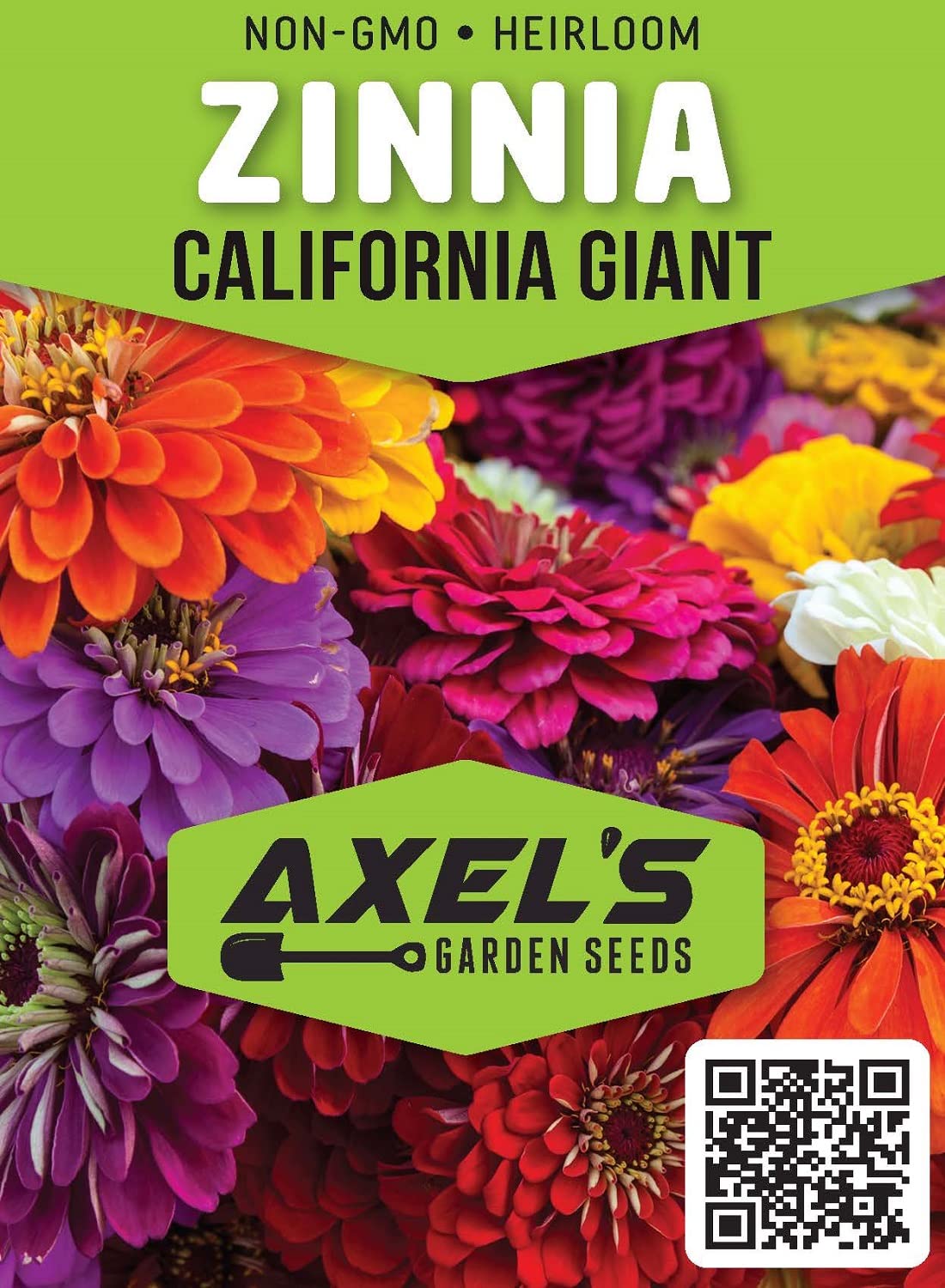 Axel's Garden Seeds California Giant Zinnia seeds packet back, includes growing instructions