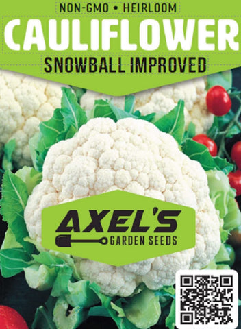 Axel's Garden Seeds Snowball cauliflower seeds packet back with growing instructions