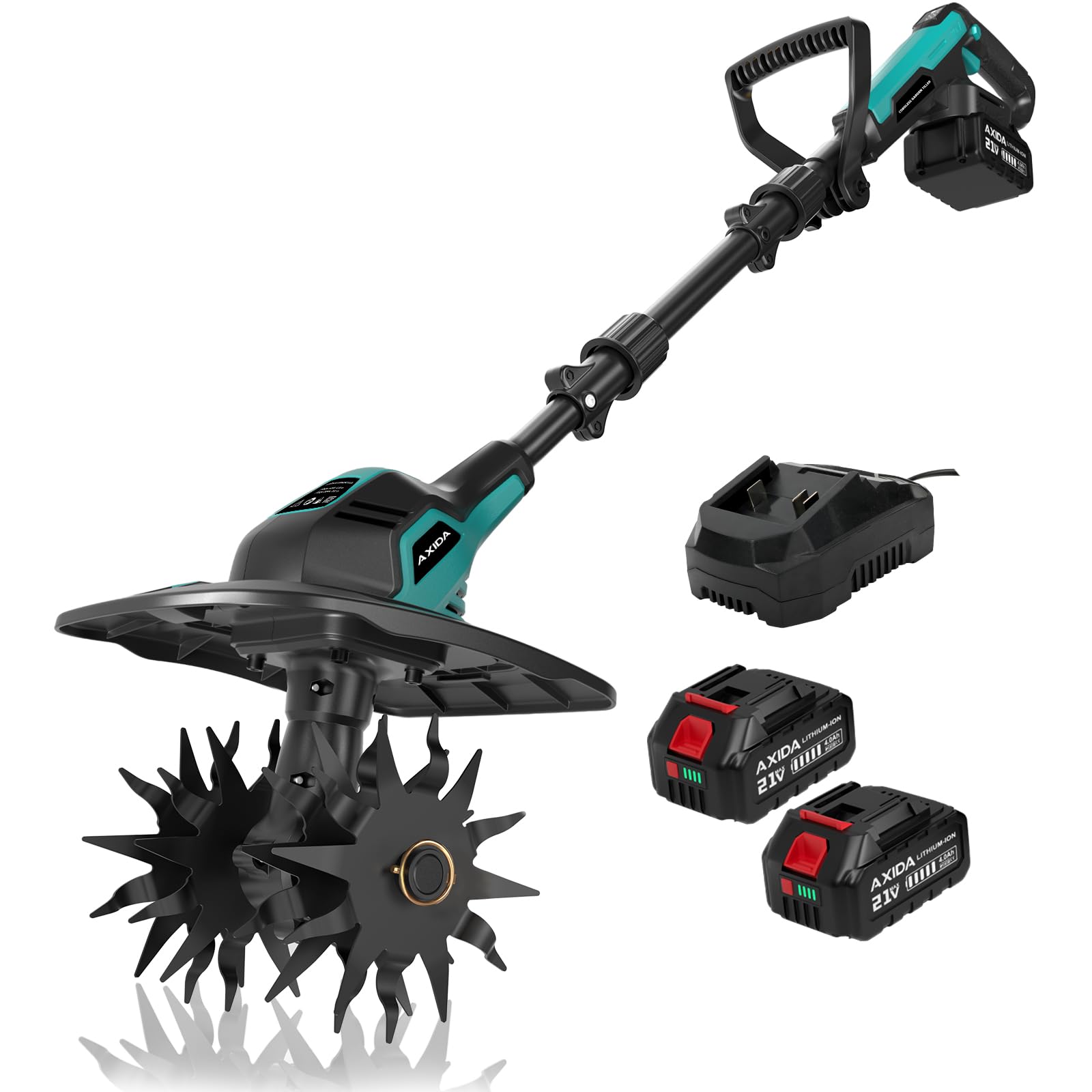AXIDA 20V cordless tiller in action at 360 RPM for quick soil prep.