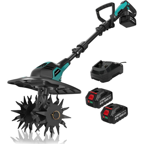 AXIDA 20V cordless tiller in action at 360 RPM for quick soil prep.