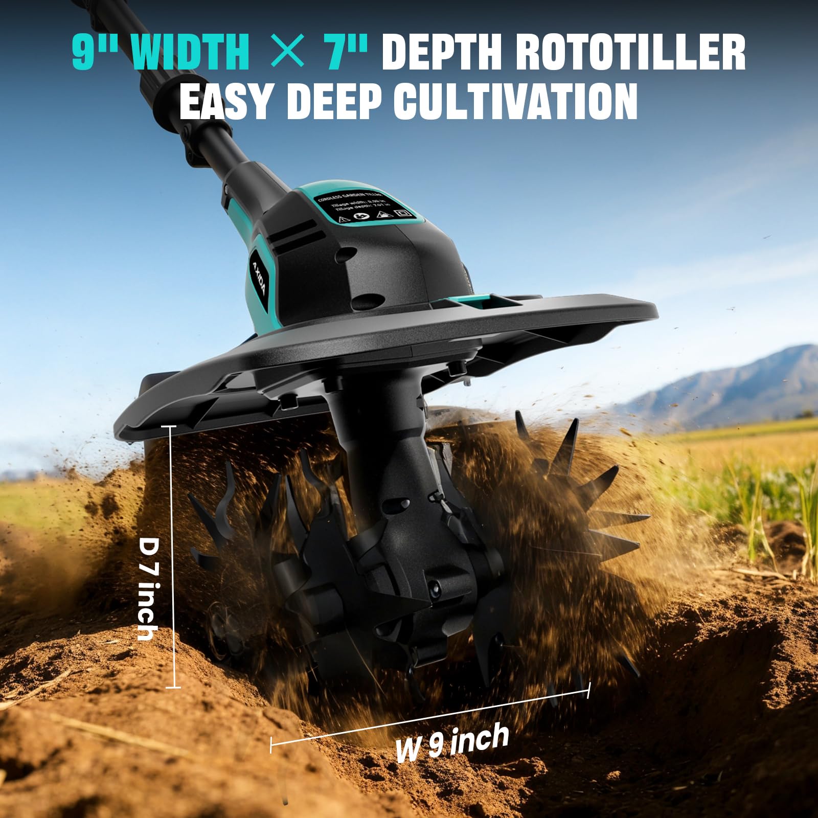 AXIDA tiller with four steel tines for efficient cultivation.