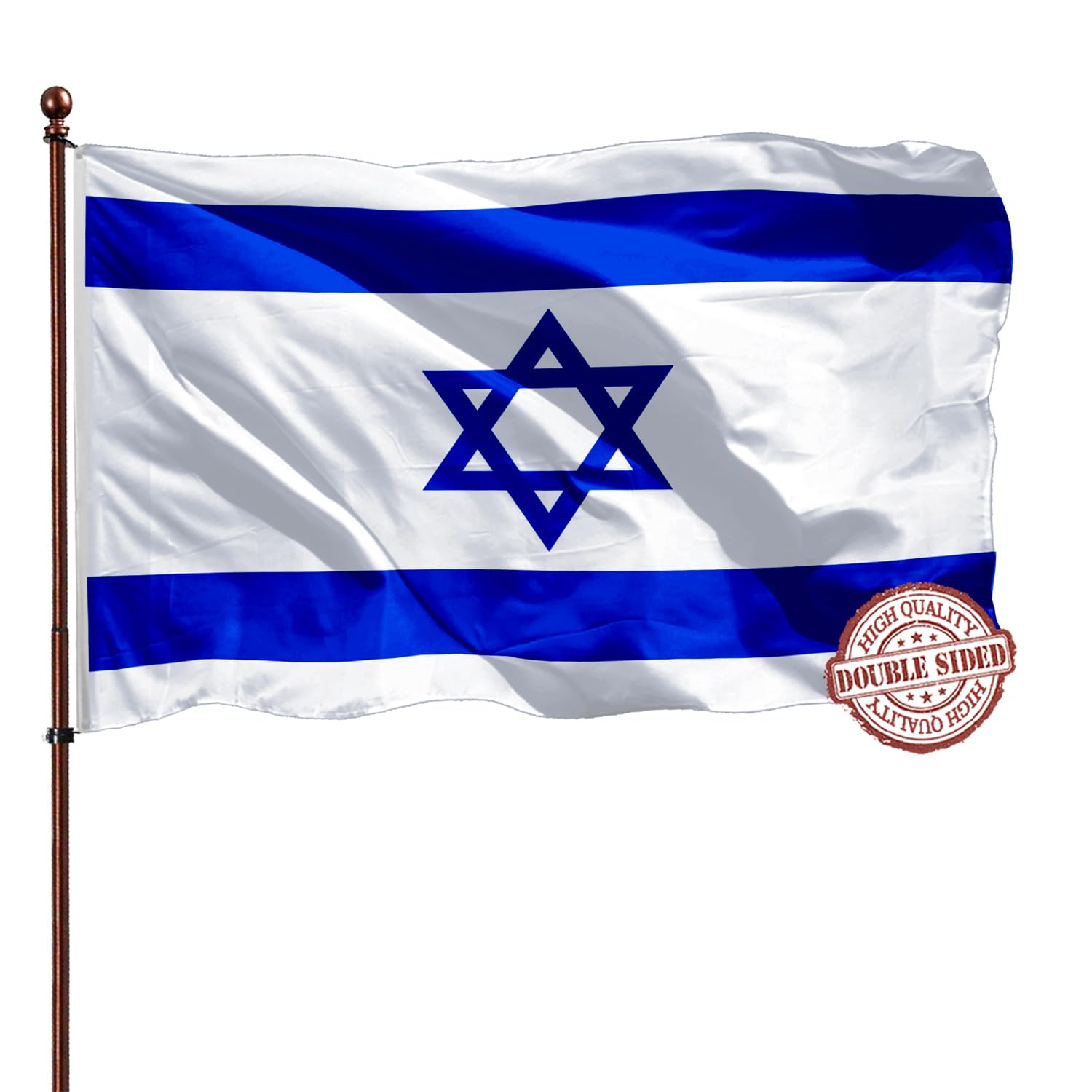 AXJBW double-sided 3x5 Israeli flag banner, readable from both sides for events.