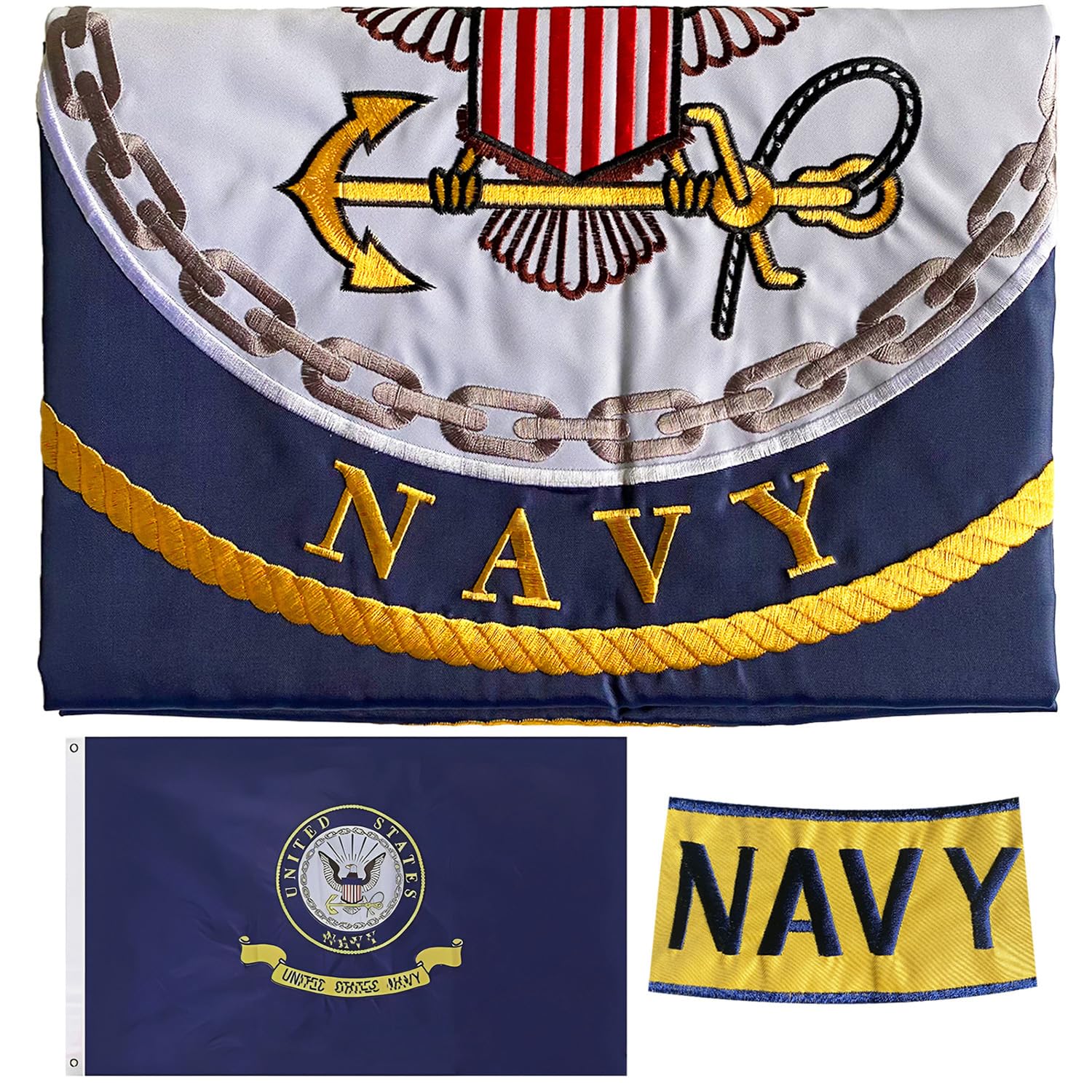AXJBW embroidered navy flag front view showing double-sided visibility.