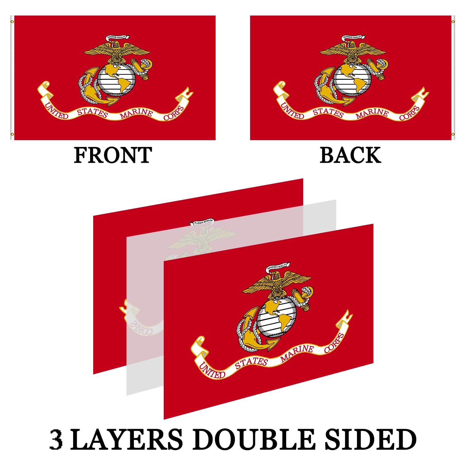 AXJBW USMC flag 3x5 oxford header and brass grommets for sturdy hanging.