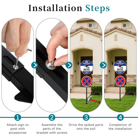 Axmorety sign stake includes brackets, screws, and wrenches for quick setup.