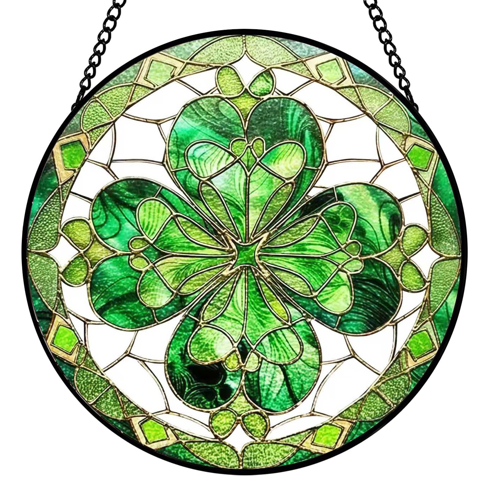 AXmospo four leaf clover suncatcher stained glass window with rainbow reflections.
