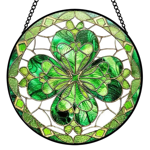 AXmospo four leaf clover suncatcher stained glass window with rainbow reflections.