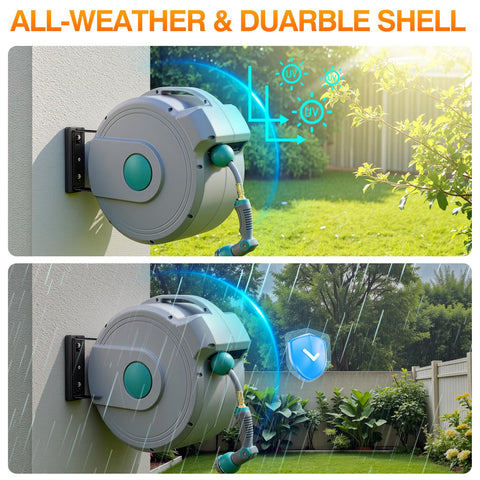 AXTRIM wall-mount hose reel ready for outdoor installation