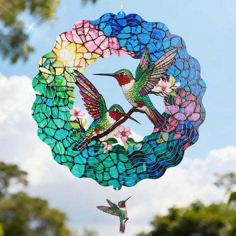 Ayadon Hummingbird Wind Spinner in sunlight creates a colorful outdoor garden focal point