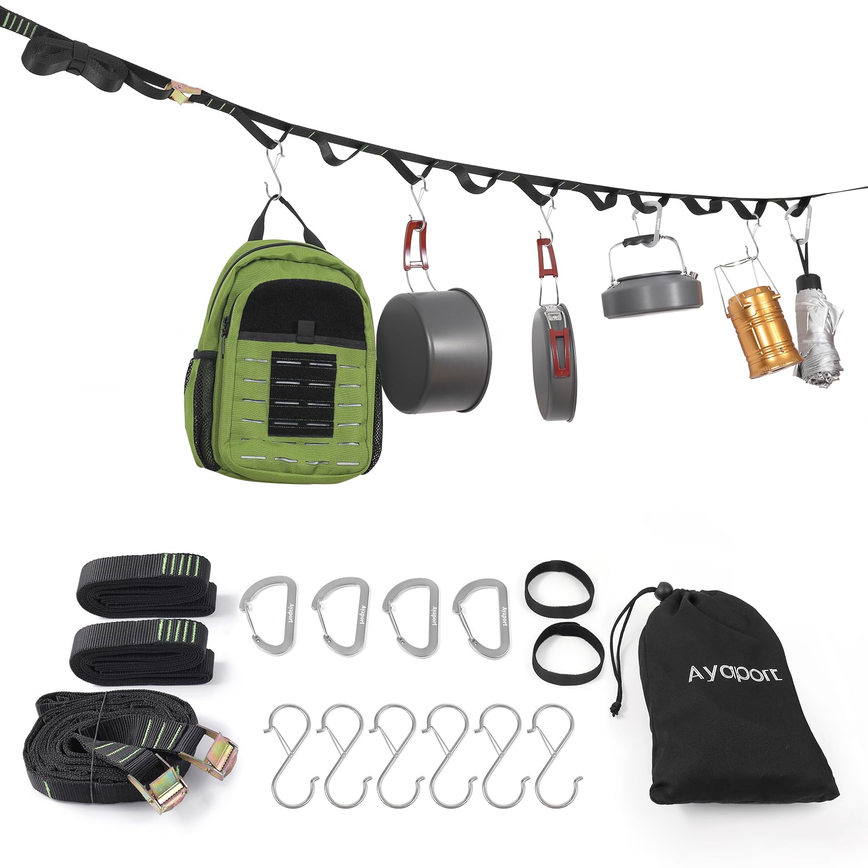 Ayaport campsite strap secured to a tree with double cam buckles for sturdy support