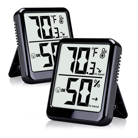 Ayawiss 2-pack room thermometer hygrometer showing compact dual-pack for real-time ambient readings.