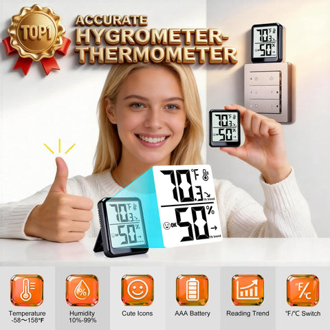 Ayawiss humidity icons and trend indicator aid quick readability.