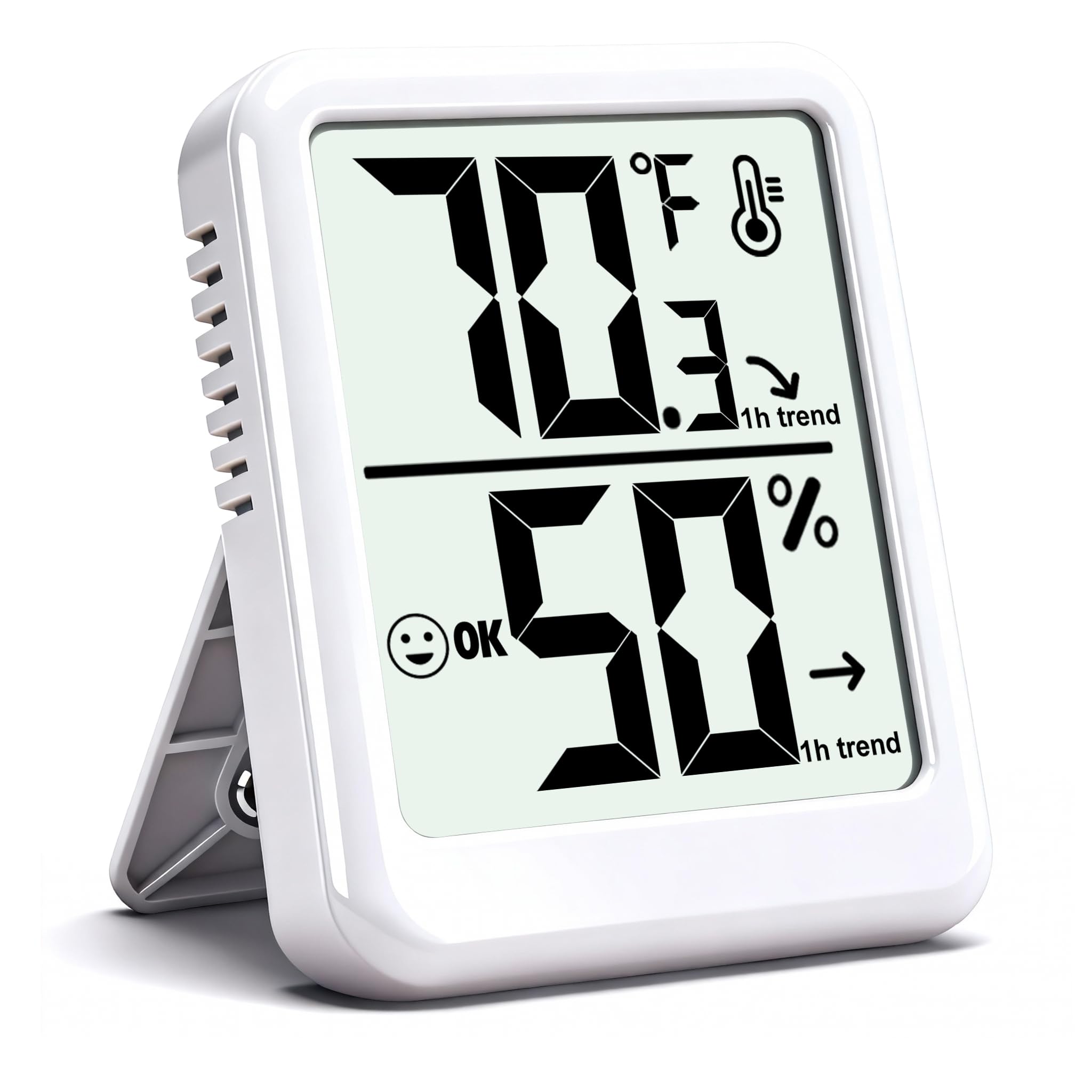 Ayawiss room thermometer front view shows real-time temperature and humidity status.