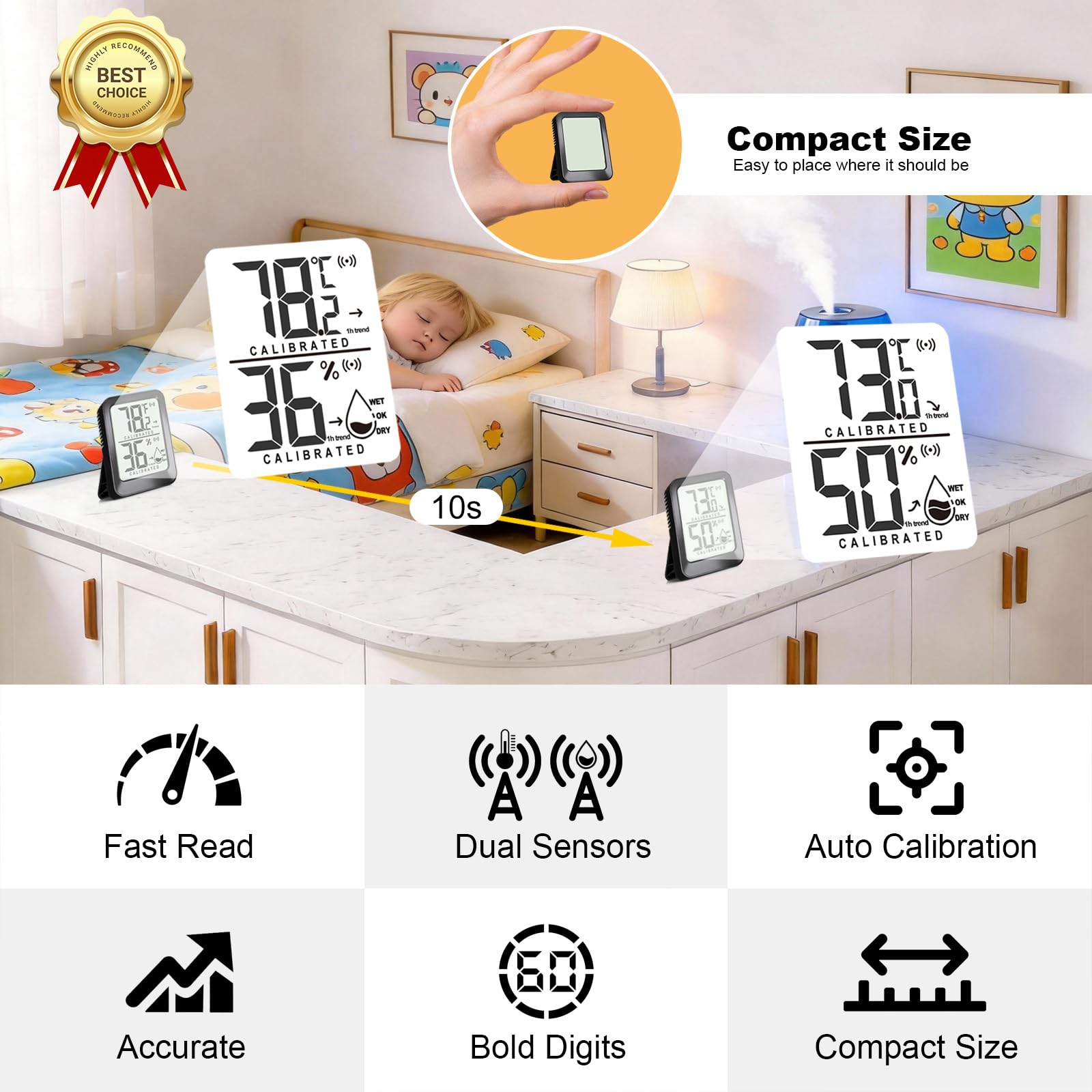 AyayaBoss digital display reading helps monitor climate in baby rooms, offices, or plant spaces.