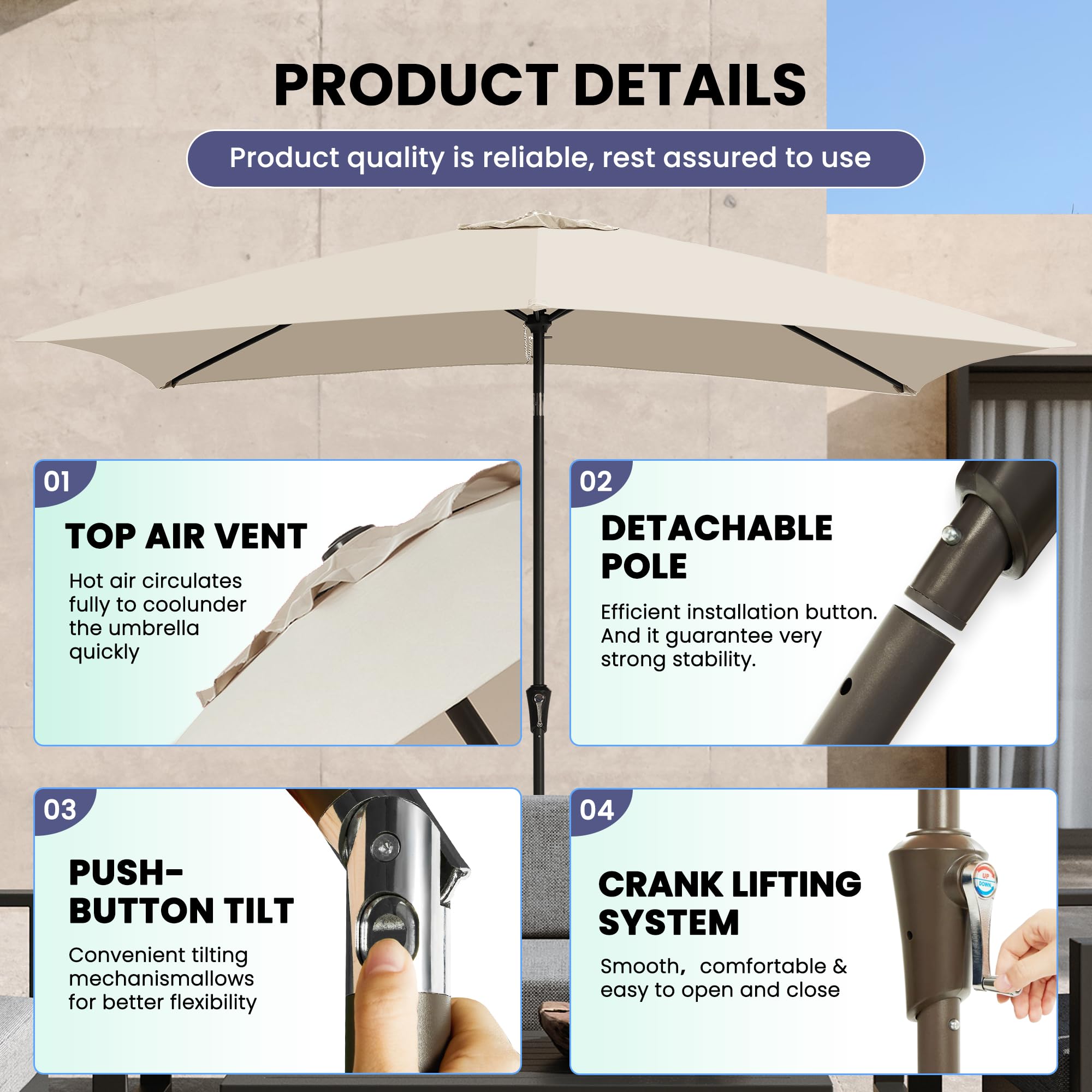 Ayge patio umbrella crank operation with smooth handle for easy opening.