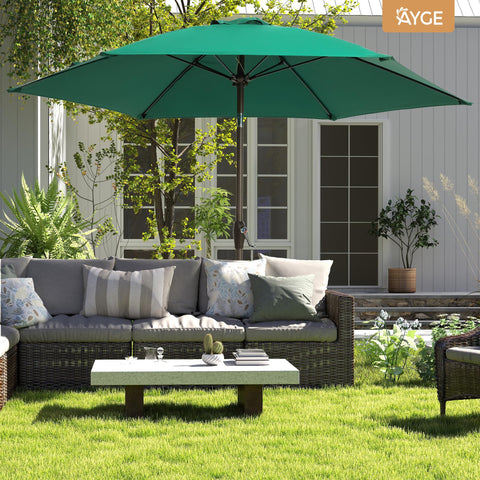 Ayge umbrella base is not included; pair with a 50 lb base for stability.