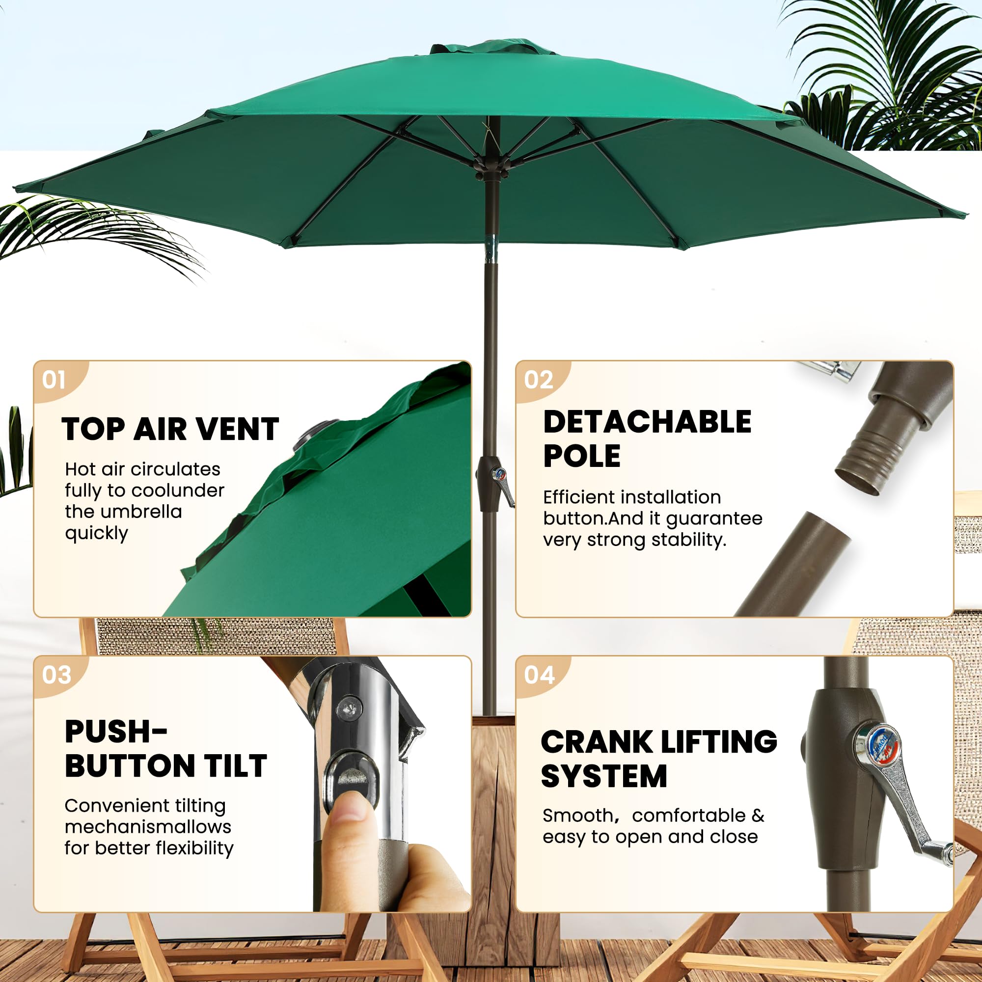 Ayge 7.5ft umbrella crank tilt enables easy shade adjustment.