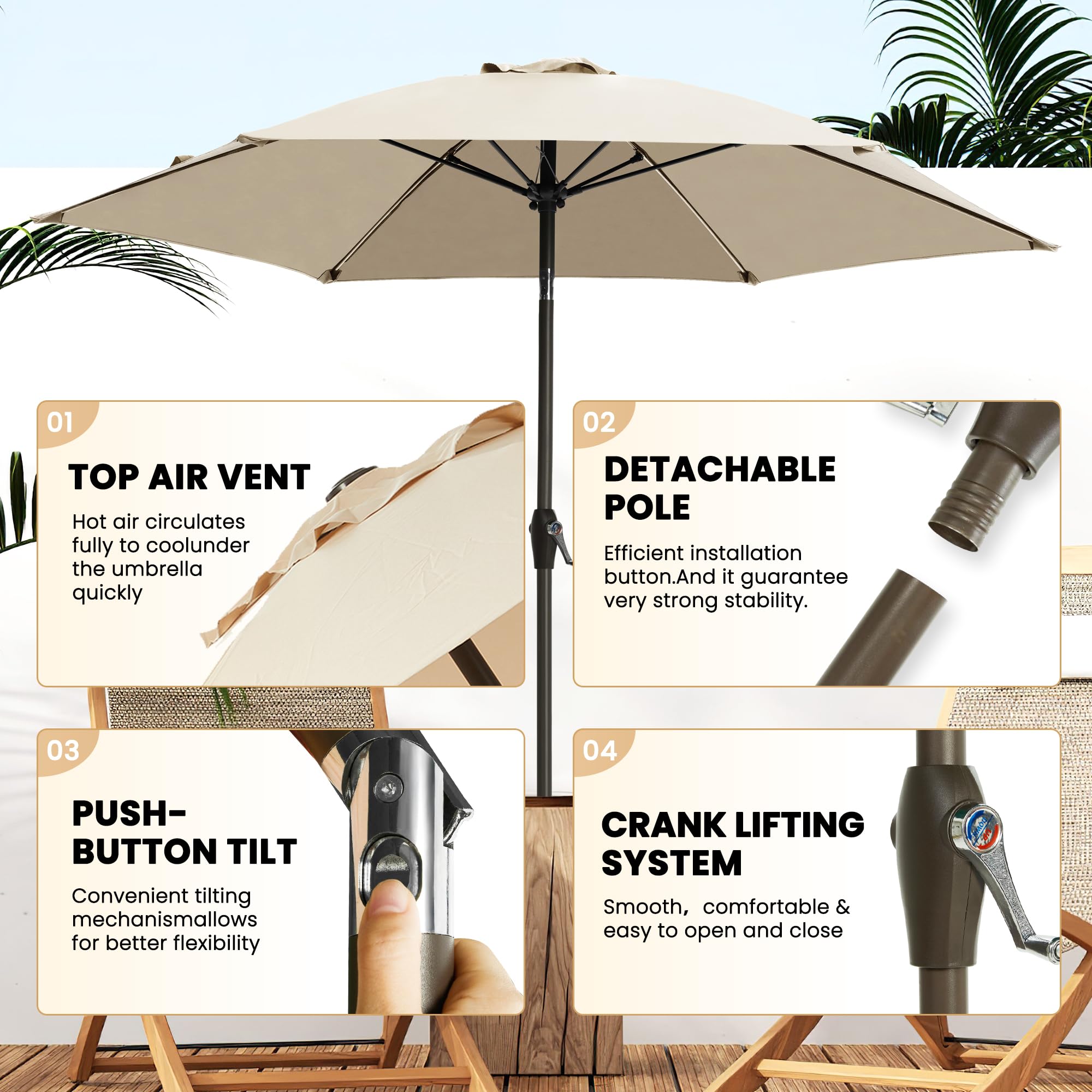 Ayge 7.5ft umbrella crank tilt for easy shade adjustment.