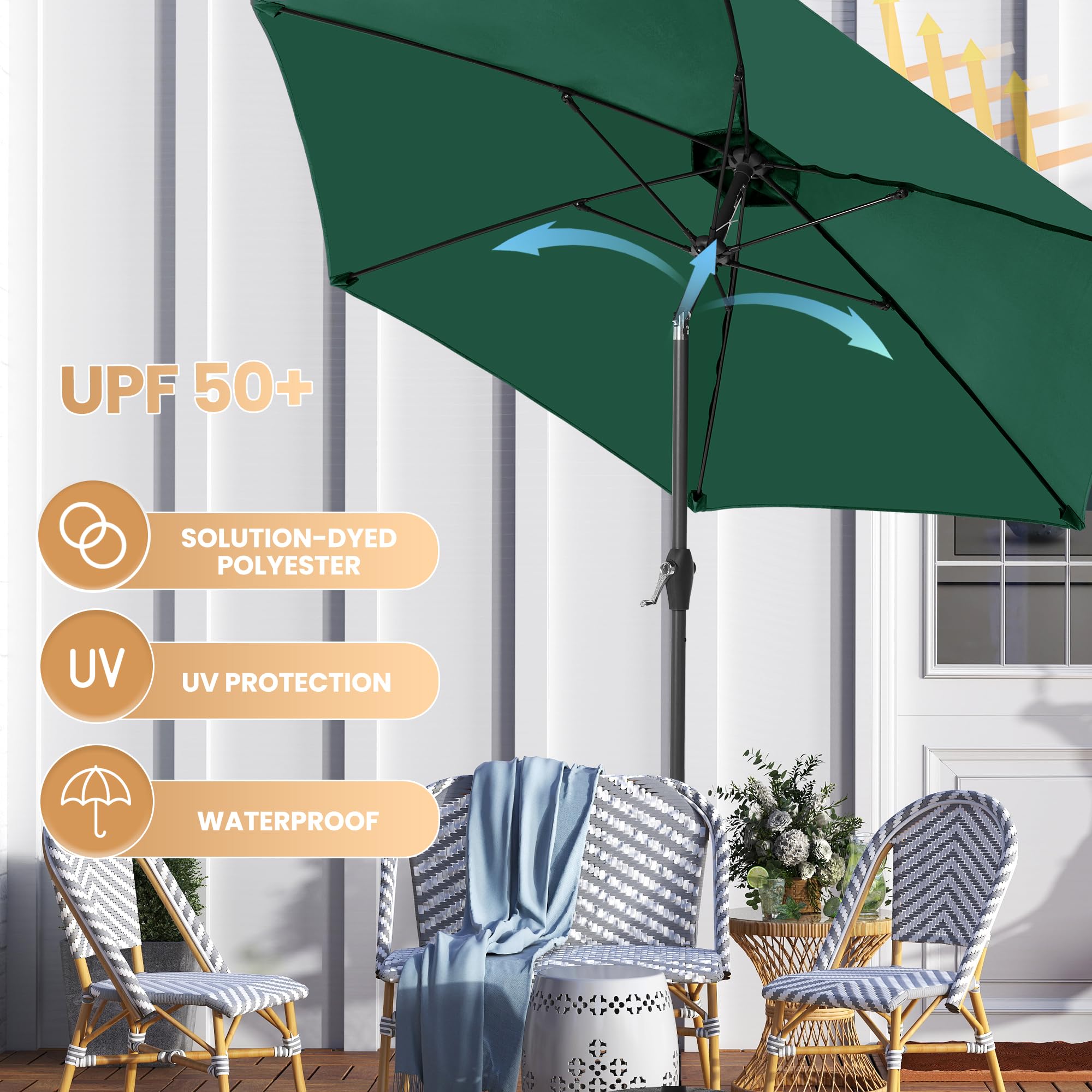 Ayge 7.5ft canopy tilt supports flexible sun coverage up to 45 degrees.