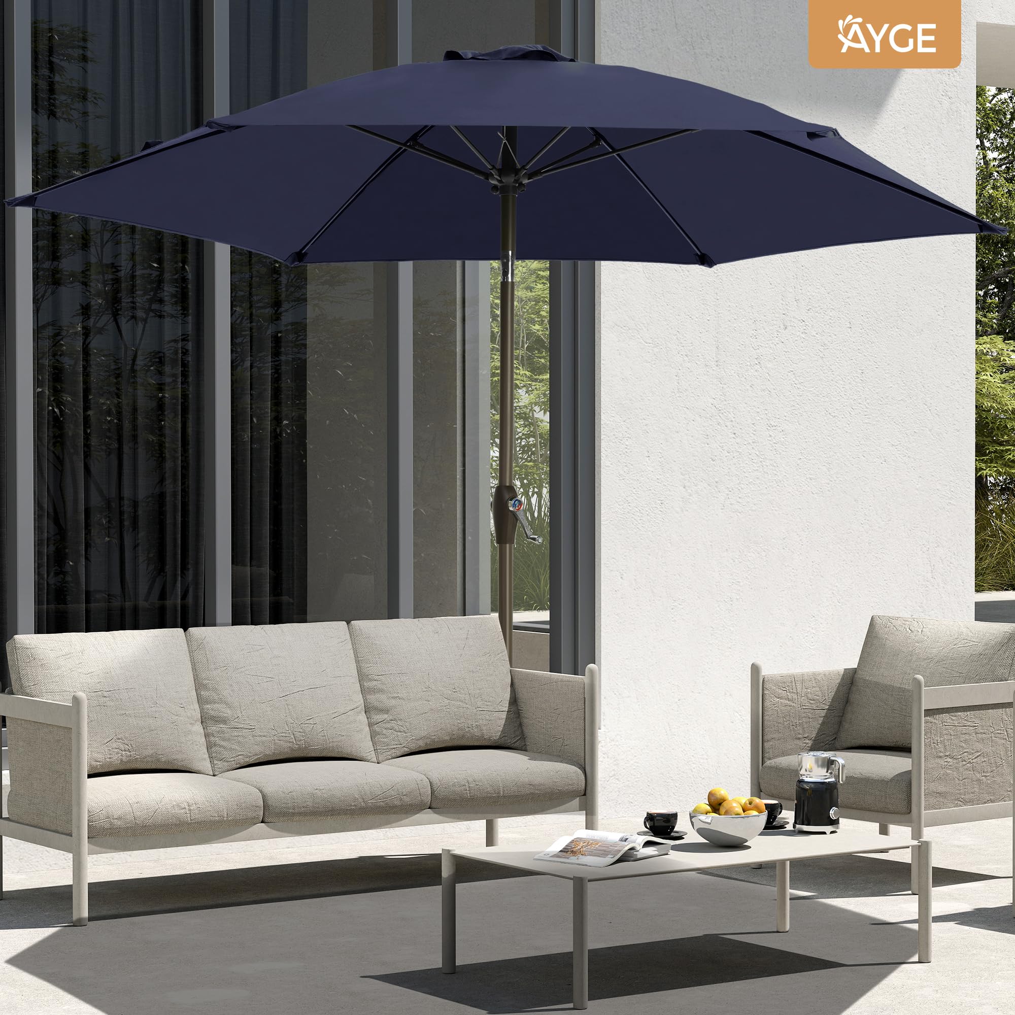 Ayge 7.5ft umbrella base not included; pair with a 50 lb base for stability.