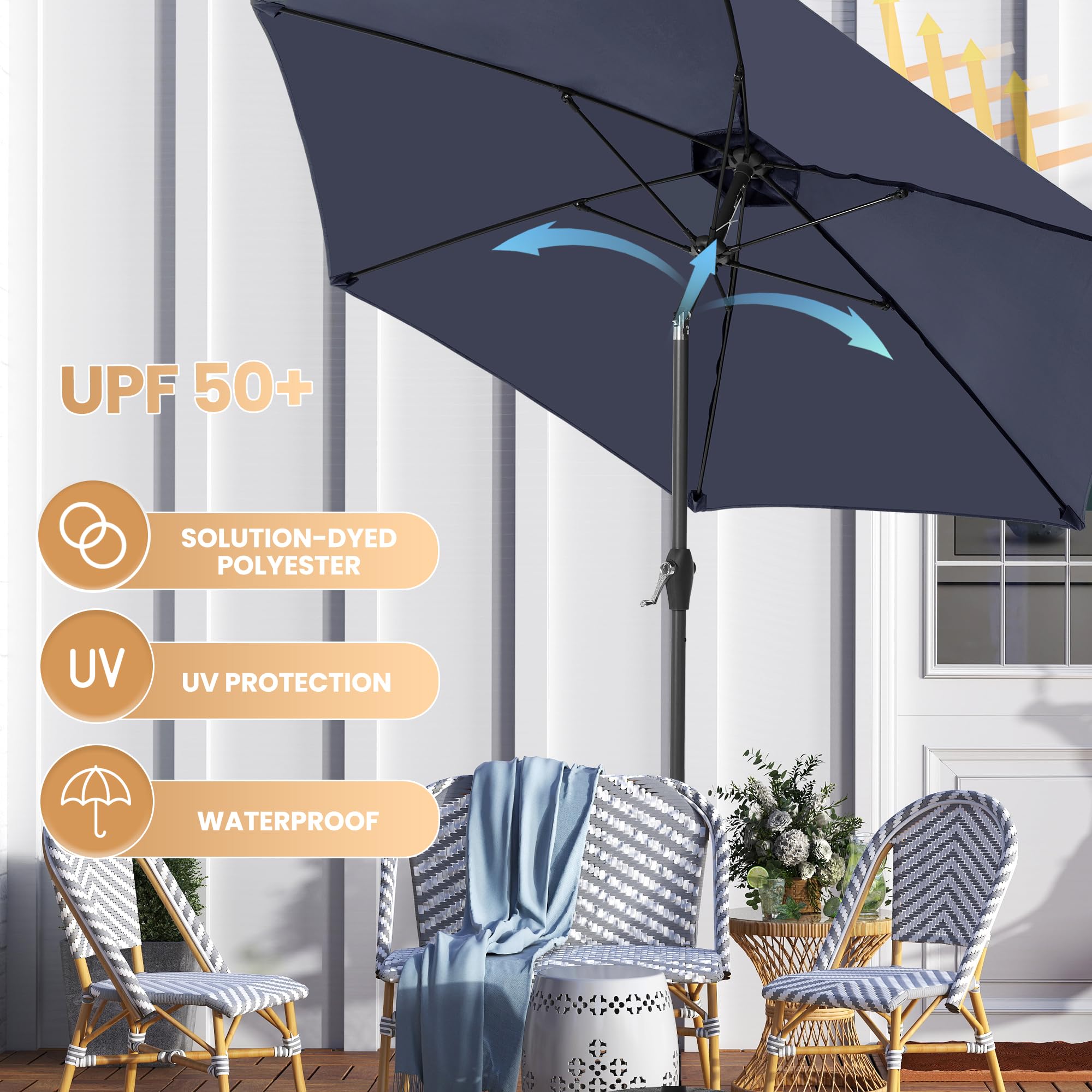 Ayge 7.5ft umbrella fiberglass ribs resist bending in breezy weather.