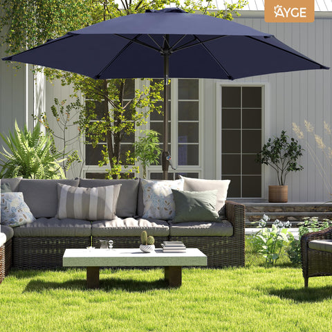 Ayge 7.5ft navy finish adds stylish, versatile outdoor shade.
