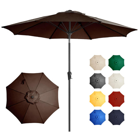 Ayge 9ft outdoor umbrella canopy provides broad shade for patio dining.