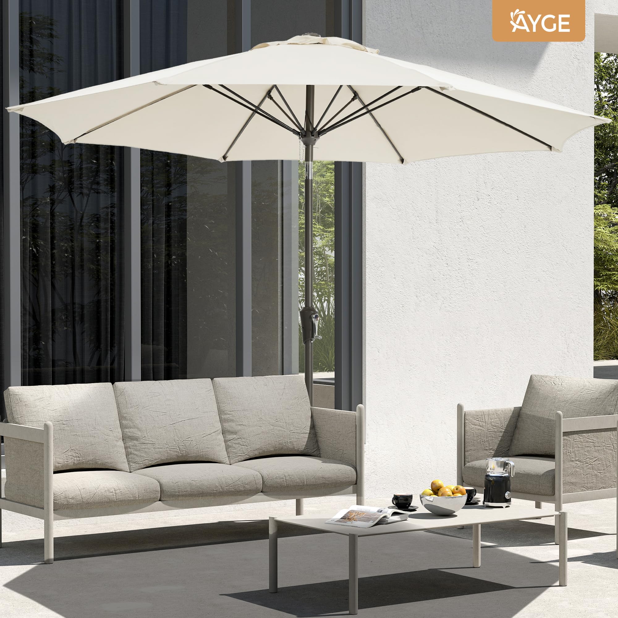 Ayge 9ft umbrella with 8 fiberglass ribs for strong wind resistance