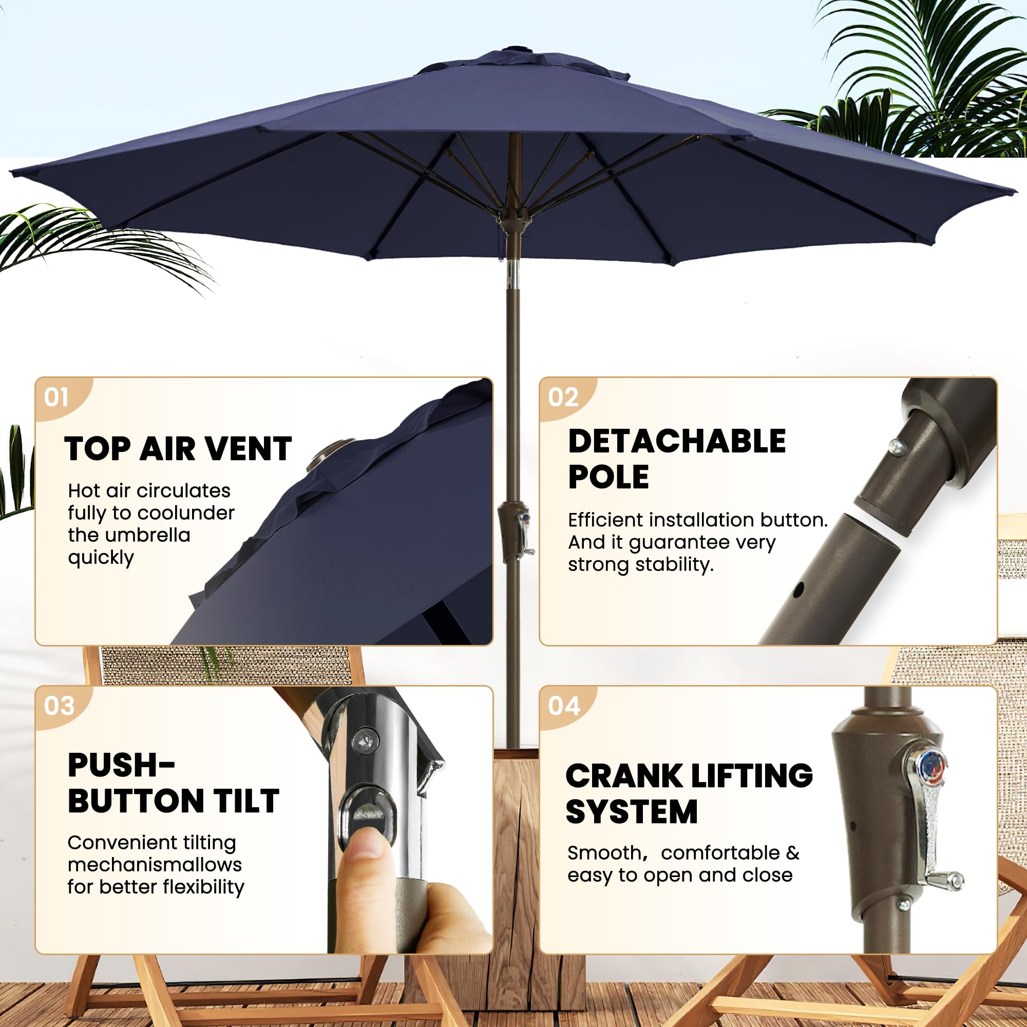 Ayge 9FT umbrella crank mechanism enables easy opening and tilting.