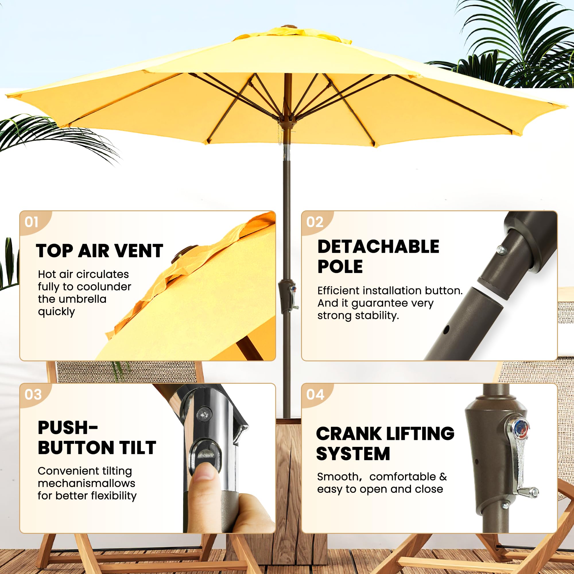 Ayge umbrella with crank tilt offers easy shade adjustment all day.