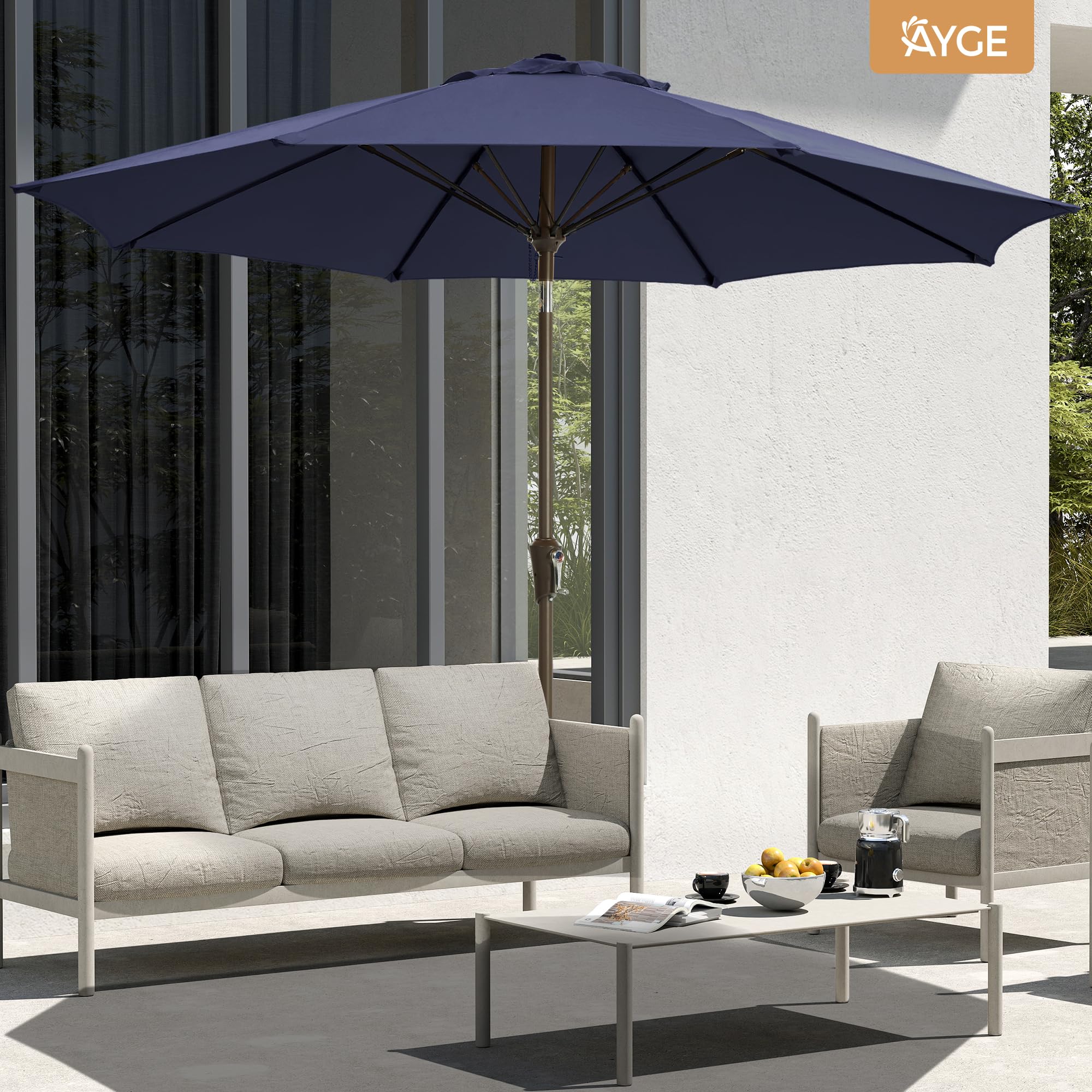 Ayge 9FT umbrella tilt feature demonstrates adjustable shade.