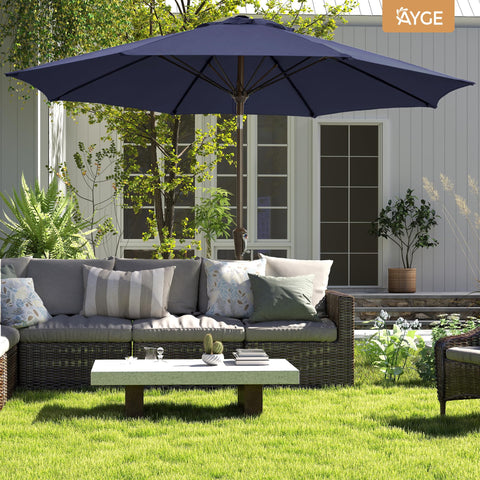 Ayge 9FT canopy delivers 97% UV protection for outdoor seating.