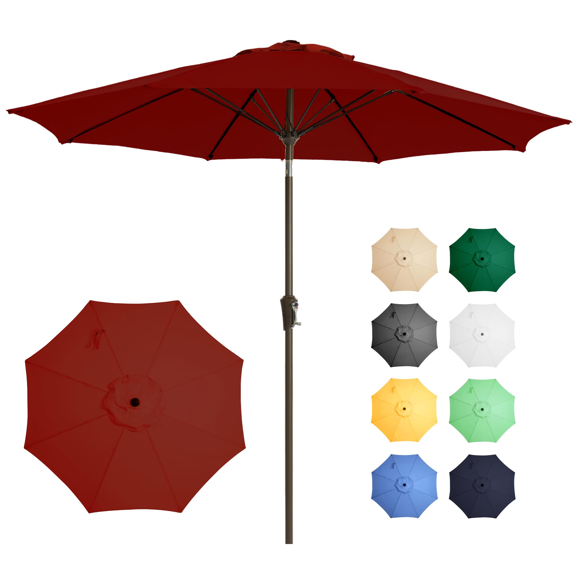 Ayge 9ft patio umbrella canopy shading an outdoor dining setup.