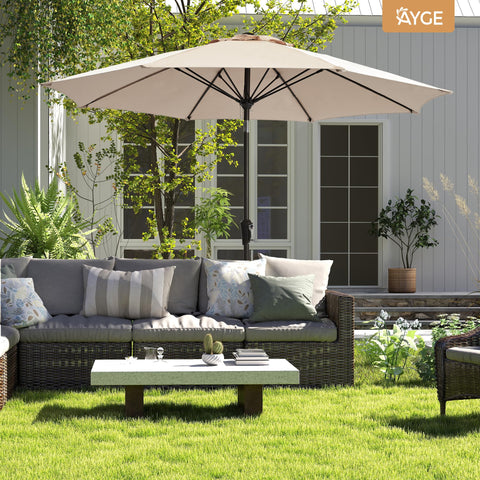 Ayge 9ft patio umbrella on deck setup provides reliable shade.