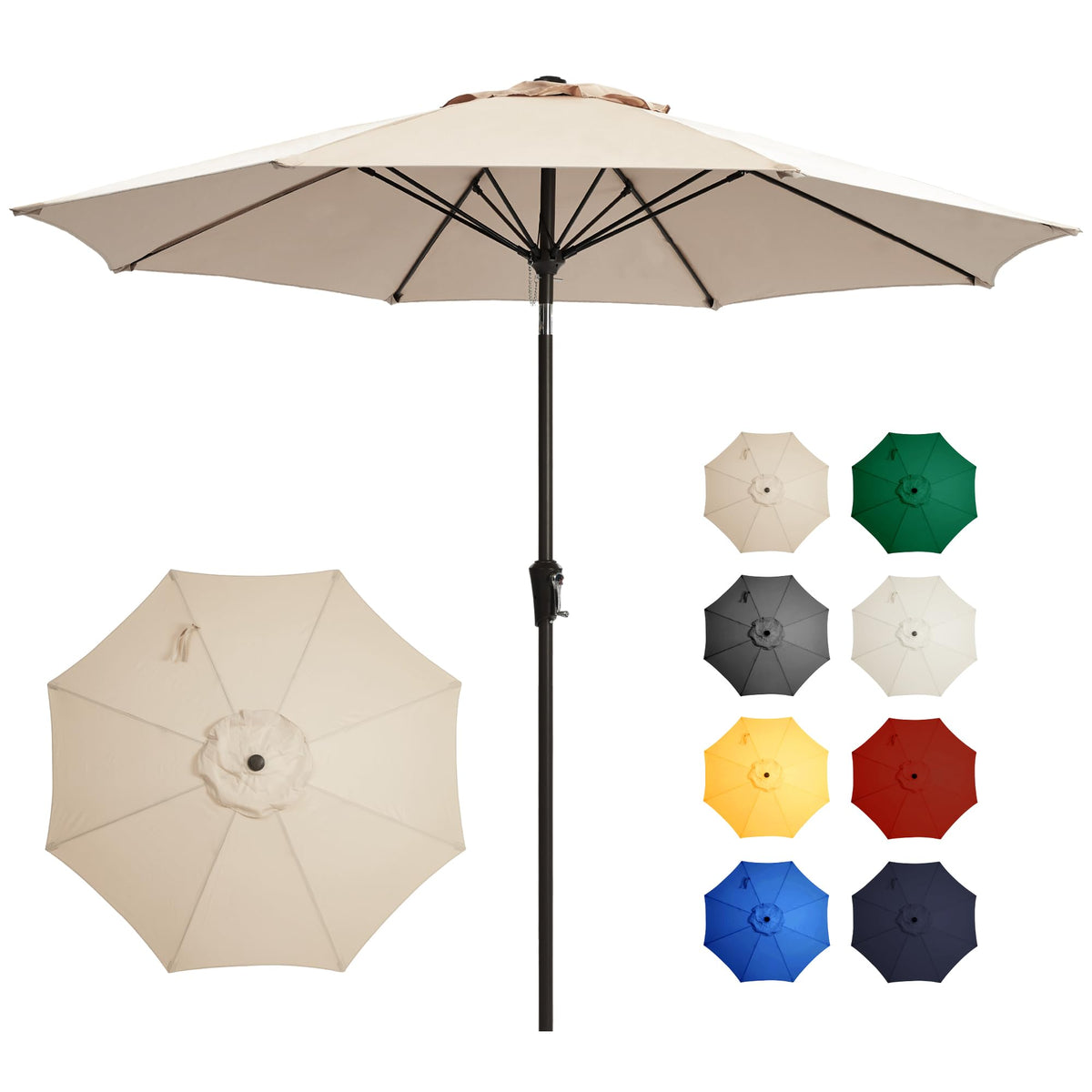 Ayge 9ft patio umbrella top view with vented canopy for cooler shade and UV protection.