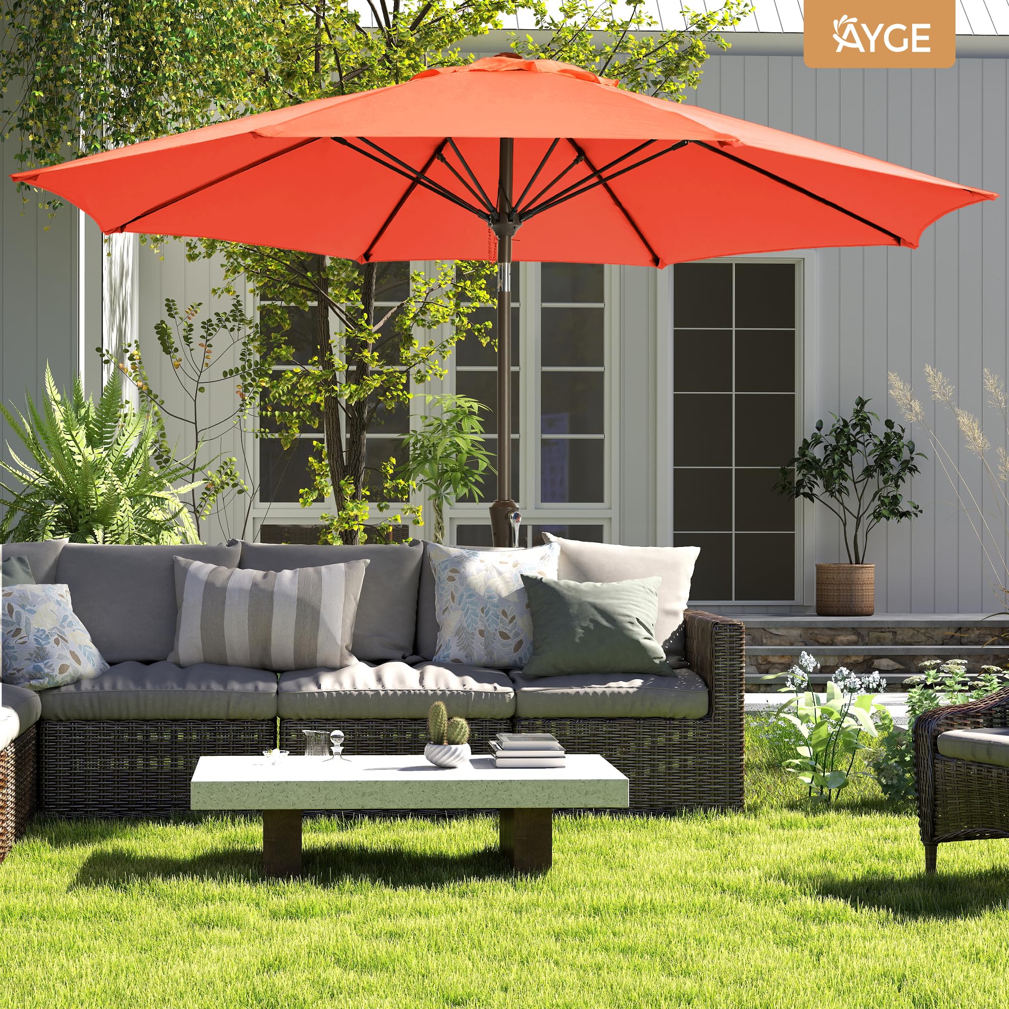 Ayge all-weather outdoor umbrella suited for decks, backyards, and pools.