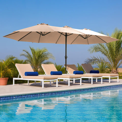 Ayge double-sided rectangle umbrella provides versatile shade for pool and garden gatherings