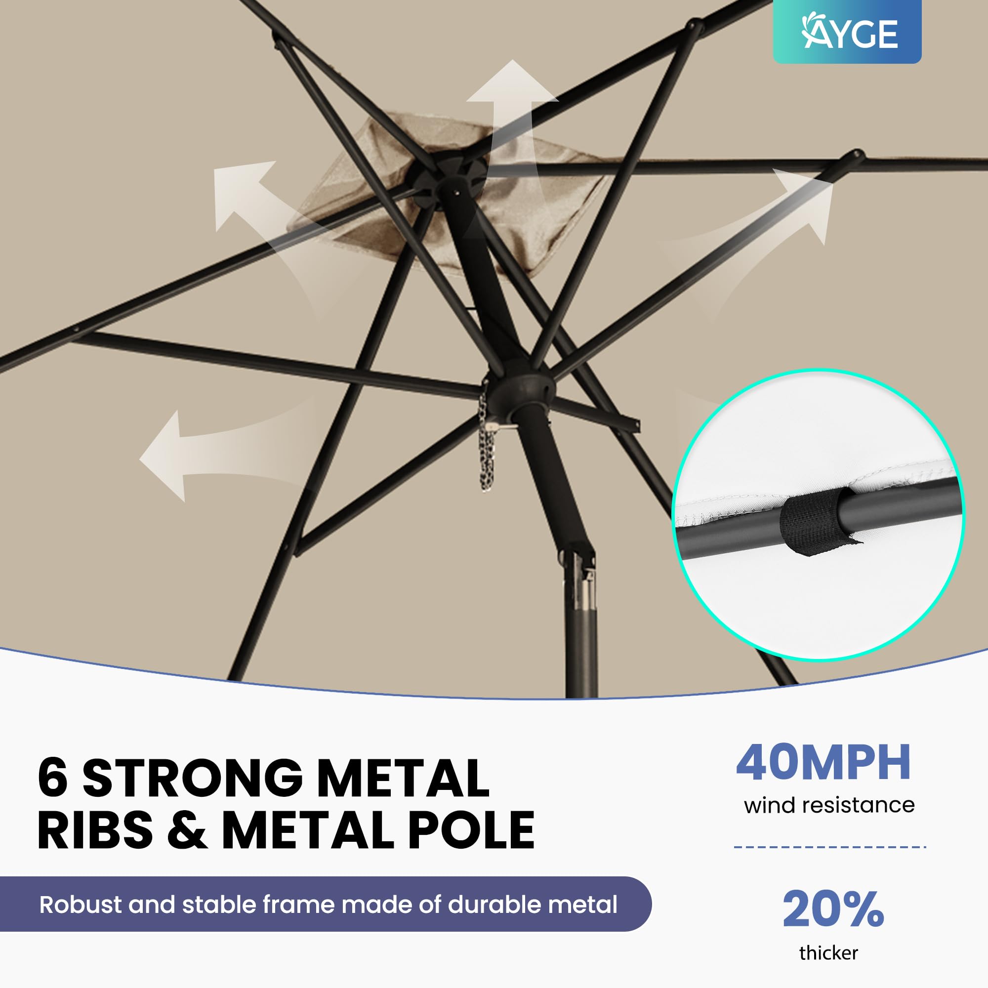 Ayge tilt mechanism allows up to 45-degree shade adjustment for sun angles.
