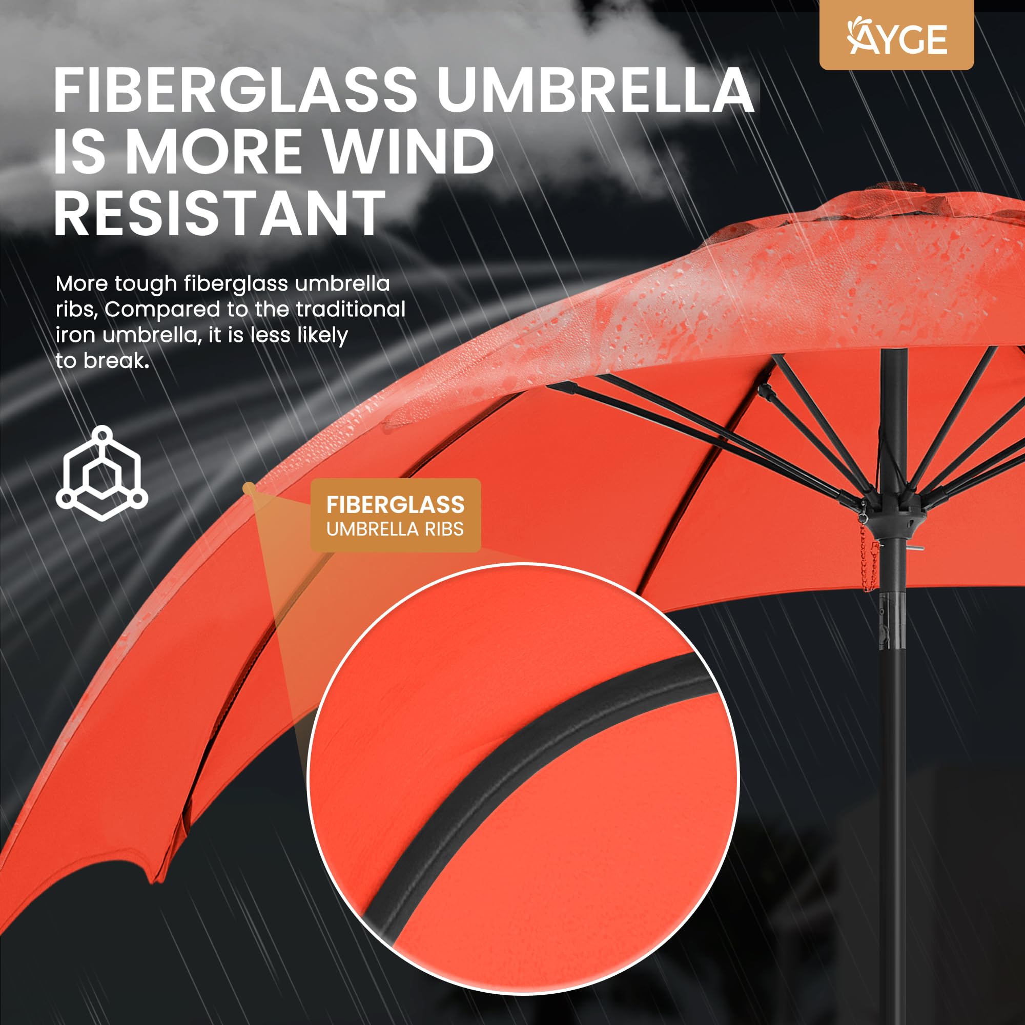 Ayge umbrella 8 fiberglass ribs emphasize sturdy frame and wind resilience.