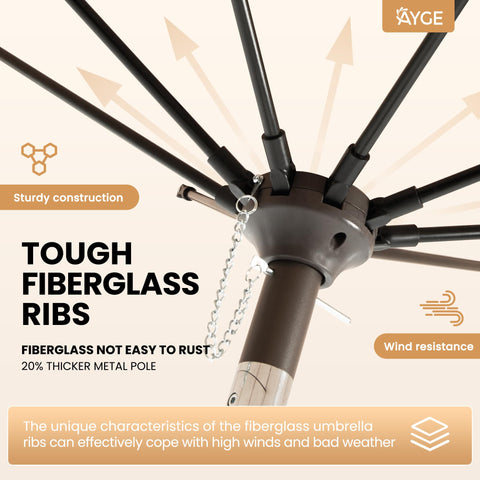 Ayge brown 9ft umbrella delivers UV resistance and fade protection.