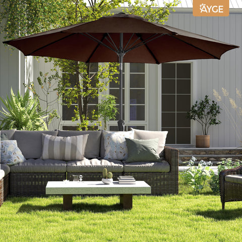 Ayge versatile 9ft umbrella suits decks, gardens, pools, and patios.