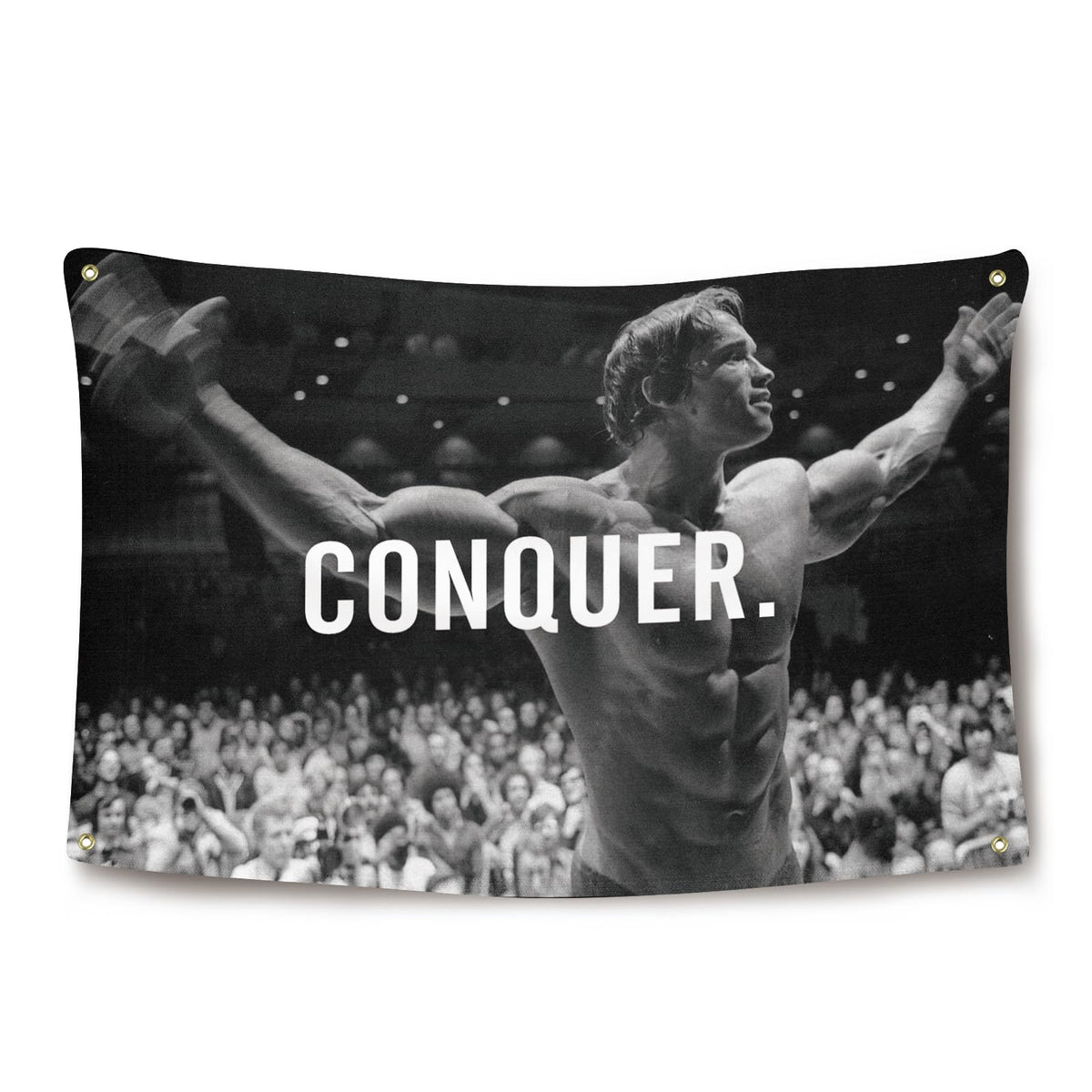 Ayimiora Conquer Flag with Arnold Schwarzenegger for wall decor in dorms or gyms