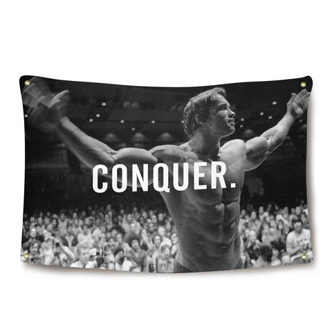 Ayimiora Conquer Flag with Arnold Schwarzenegger for wall decor in dorms or gyms
