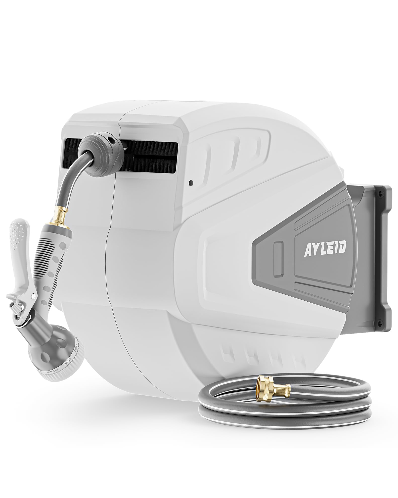 Ayleid retractable hose reel on wall, 130 ft capacity for easy watering.