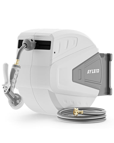 Ayleid retractable hose reel on wall, 130 ft capacity for easy watering.