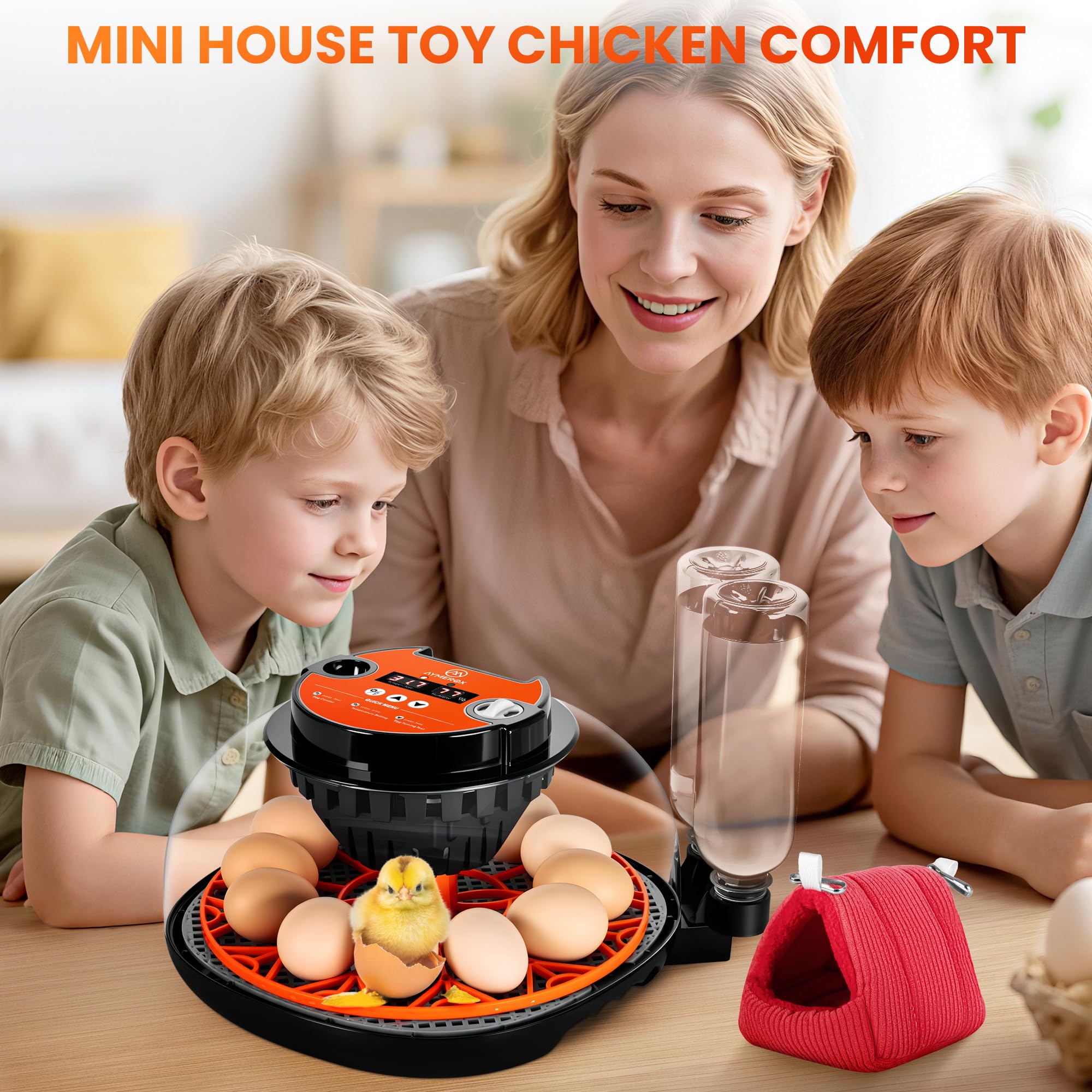 Aymerox quiet fan ensures even air flow for calm incubation.