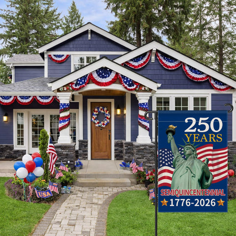 Aymolas 250th Anniversary flag on balcony display, weather ready