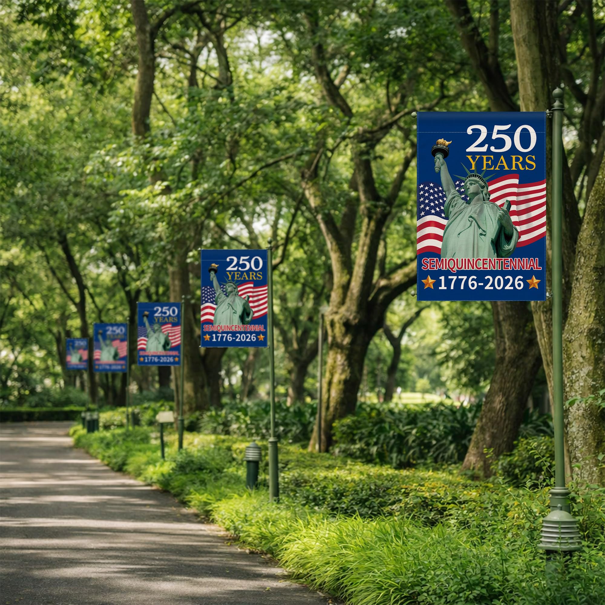 Aymolas 250th Anniversary flag in wind, durable outdoor fabric on display