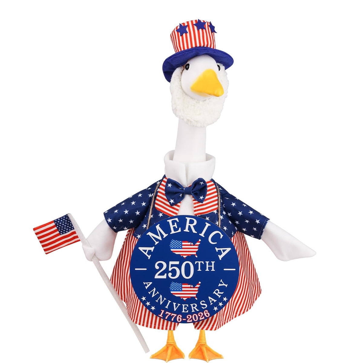 Aymolas 250th patriotic shirt on a lawn goose for festive yard display.