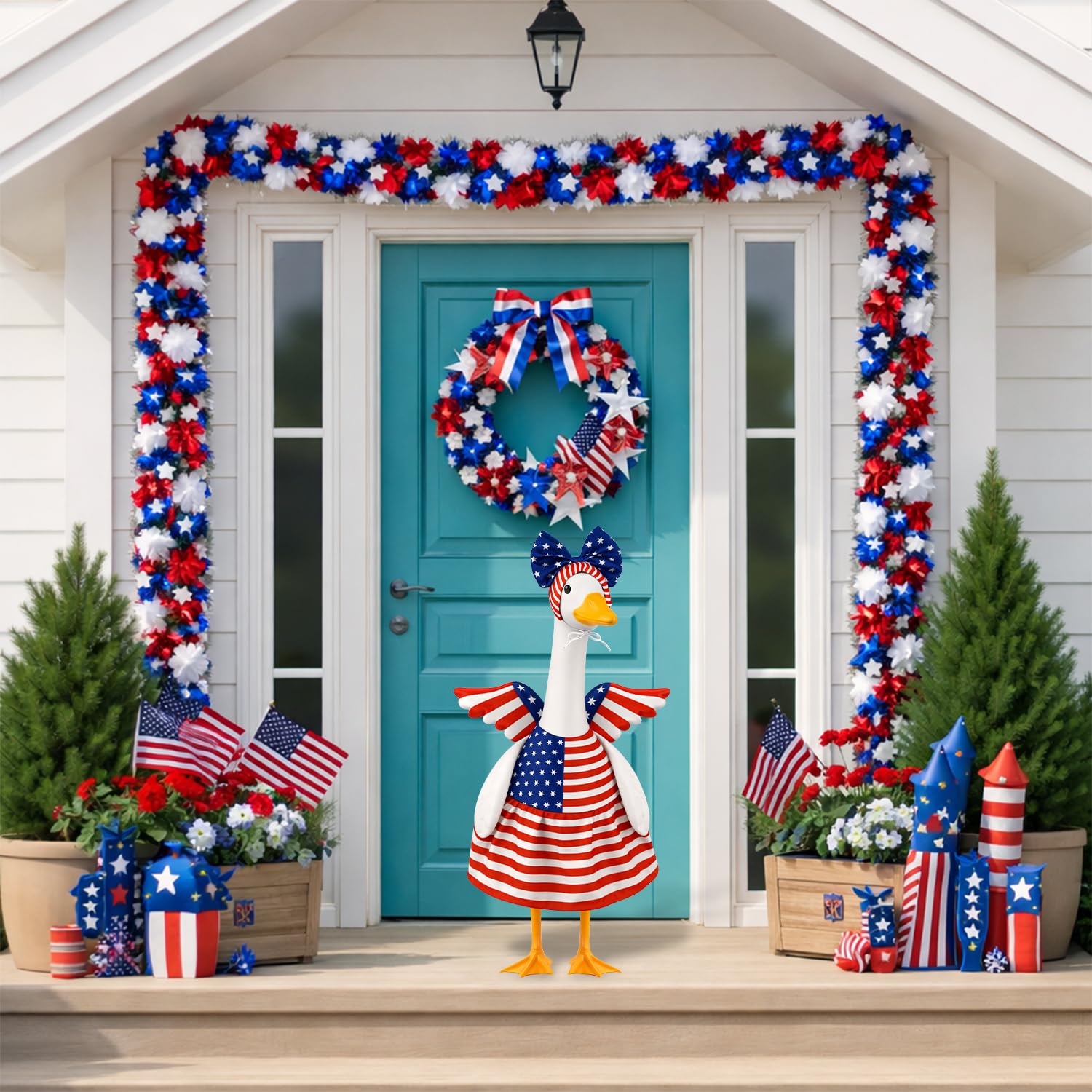 Aymolas 4th of July goose costume with blue red white flag pattern boosts curb appeal